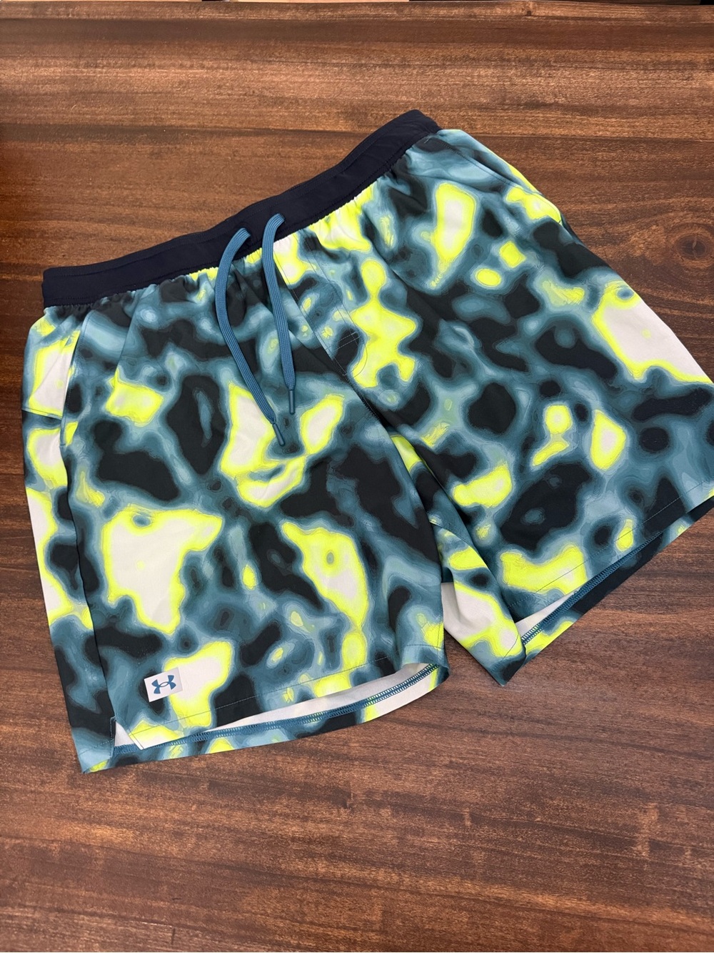 Under Armour Yellow-Green and Teal Camo Shorts with Briefs